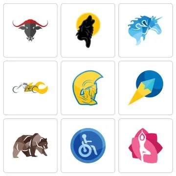 Set Of 9 simple editable icons such as yoga studio, disabled, grizzly bear Free Stock Illustration