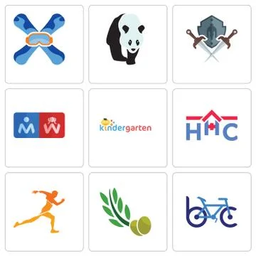 Set Of 9 simple editable icons such as bike club, olive leaves, running club Selección de ilustraciones gratis