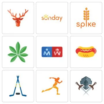 Set Of 9 simple editable icons such as shield and sword, running club, hockey Selección de ilustraciones gratis