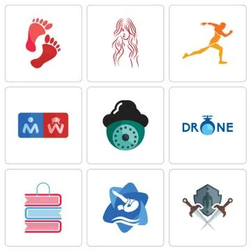 Set Of 9 simple editable icons such as shield and sword, swim dive, book shop Free Stock Illustration
