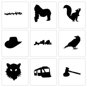 Set Of 9 simple editable icons such as gavel, train, tiger face Free Stock Illustration