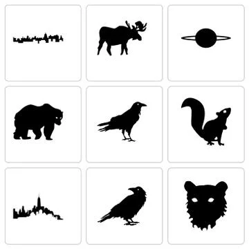 Set Of 9 simple editable icons such as tiger face, raven, Free Stock Illustration