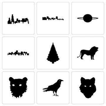Set Of 9 simple editable icons such as wolf face, raven, tiger face Free Stock Illustration