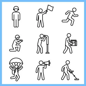 Set of 9 Simple Line Art Icons Representing Human Activities and Professions. 스톡 일러스트