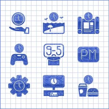 Set From 9, Smart Tv time, Fast food, Day, Time Management, Gamepad of, Project 스톡 일러스트