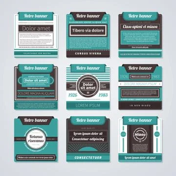 Set of 9 square badges or banners in retro style. Stock Illustration