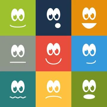 Set of 9 square emoticons in solid colors Stock Illustration