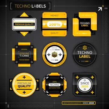 Set of 9 techno labels. EPS10. Stock Illustration