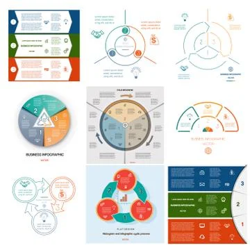 Set 9 templates Infographics cyclic processes on three positions Stock Illustration