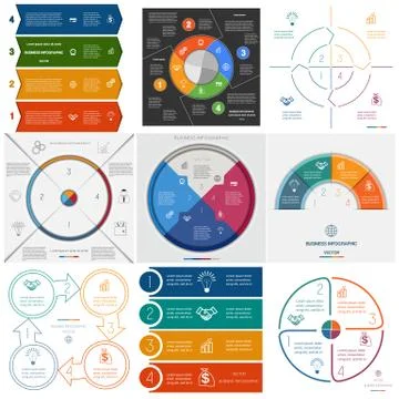 Set 9 templates Infographics cyclic processes on four positions Stock Illustration