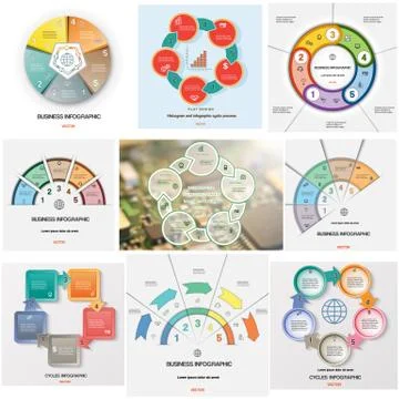 Set 9 templates Infographics cyclic processes on five positions Stock Illustration