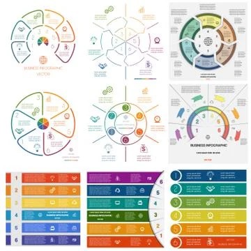 Set 9 templates Infographics cyclic processes on sixr positions Stock Illustration