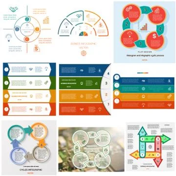 Set 9 templates Infographics cyclic processes on four positions Stock Illustration