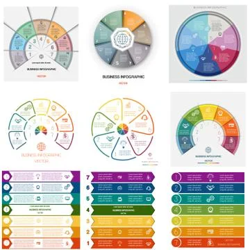 Set 9 templates Infographics cyclic processes on seven positions Stock Illustration