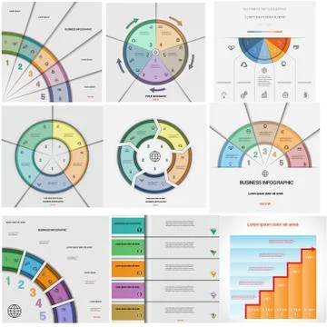 Set 9 templates Infographics cyclic processes five positions Stock Illustration