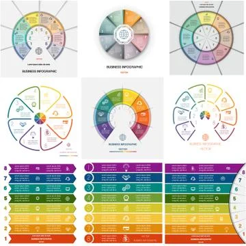 Set 9 templates Infographics cyclic processes on eight positions Stock Illustration
