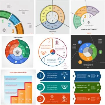 Set 9 templates Infographics cyclic processes on three positions Stock Illustration