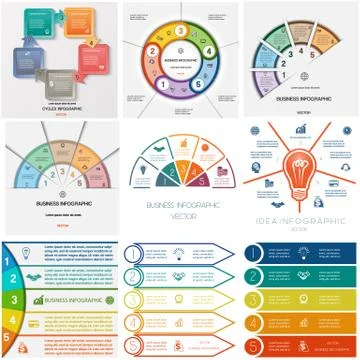 Set 9 templates Infographics cyclic processes, five positions Stock Illustration