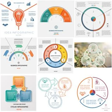 Set 9 templates Infographics cyclic processes on three positions Stock Illustration