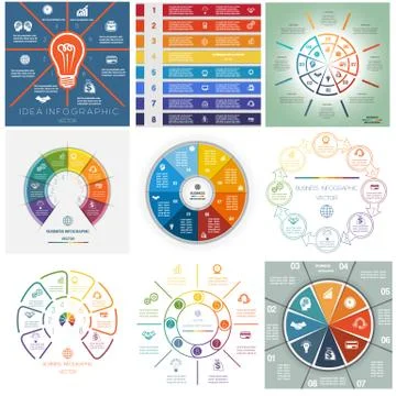 Set 9 templates Infographics cyclic processes eight positions Stock Illustration