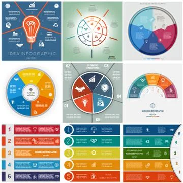 Set 9 templates Infographics cyclic processes, five positions Stock Illustration