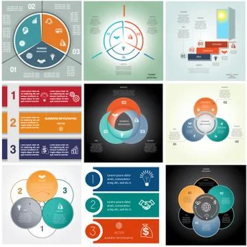 Set 9 templates Infographics cyclic processes, three positions Stock Illustration