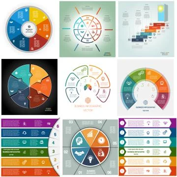 Set 9 templates Infographics cyclic processes six positions Stock Illustration