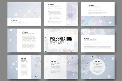 Set of 9 templates for presentation slides. Molecule structure, blue backgrounds Illustrazione stock