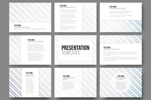 Set of 9 templates for presentation slides. Diagonal lines patterns, pastel Illustration