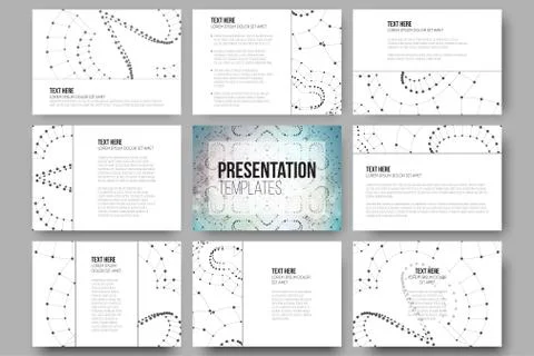 Set of 9 templates for presentation slides. Molecular structure design, blue 库存插图