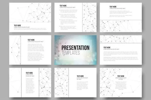 Set of 9 templates for presentation slides. Molecular structure design, blue 스톡 일러스트