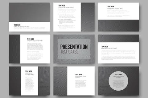 Set of 9 templates for presentation slides. Dark design, textured vector Stock Illustration