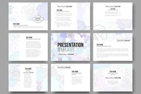 Set of 9 templates for presentation slides. Hand drawn floral doodle pattern Stock Illustration