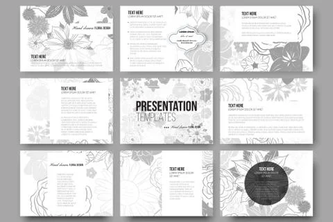Set of 9 templates for presentation slides. Hand drawn floral doodle pattern Stockillustratie