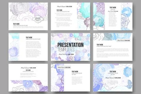 Set of 9 templates for presentation slides. Hand drawn floral doodle pattern 스톡 일러스트