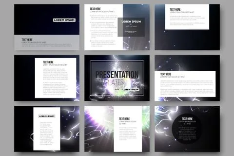 Set of 9 templates for presentation slides. Electric lighting effect. Magic Stock Illustration