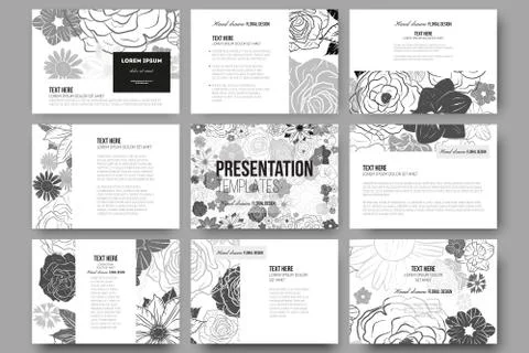 Set of 9 templates for presentation slides. Hand drawn floral doodle pattern Illustrazione stock