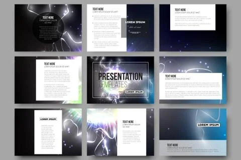 Set of 9 templates for presentation slides. Electric lighting effect. Magic Stock Illustration
