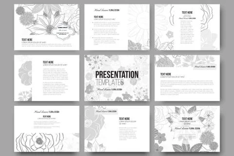 Set of 9 templates for presentation slides. Hand drawn floral doodle pattern 스톡 일러스트