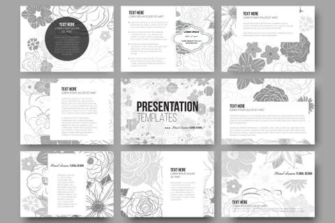 Set of 9 templates for presentation slides. Hand drawn floral doodle pattern Illustrazione stock