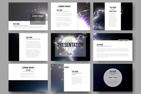 Set of 9 templates for presentation slides. Electric lighting effect. Magic Stock Illustration