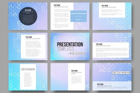 Set of 9 templates for presentation slides. Abstract white circles on light blue 스톡 일러스트