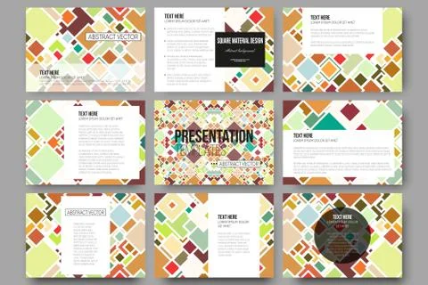 Set of 9 templates for presentation slides. Material Design. Colored vector Stock Illustration