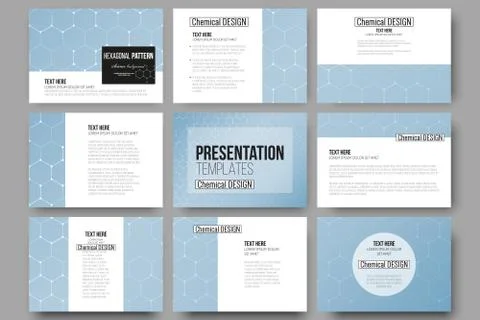 Set of 9 templates for presentation slides. Chemistry pattern, hexagonal design Stock Illustration