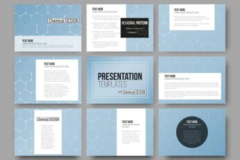 Set of 9 templates for presentation slides. Chemistry pattern, hexagonal design Stock Illustration