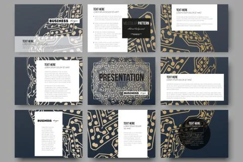 Set of 9 templates for presentation slides. Golden microchip pattern, abstract Illustrazione stock