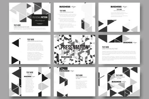 Set of 9 templates for presentation slides. Triangular vector pattern. Abstract 库存插图