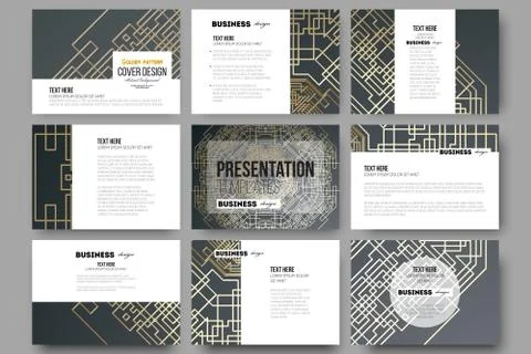 Set of 9 templates for presentation slides. Golden technology pattern on dark 스톡 일러스트