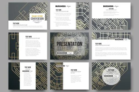 Set of 9 templates for presentation slides. Golden technology pattern on dark Stock Illustration