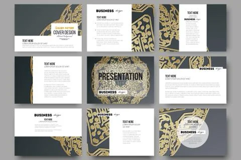 Set of 9 templates for presentation slides. Golden microchip pattern on dark Illustrazione stock